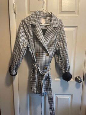 LC Lauren Conrad Black & White Plaid Double-Breasted Trench